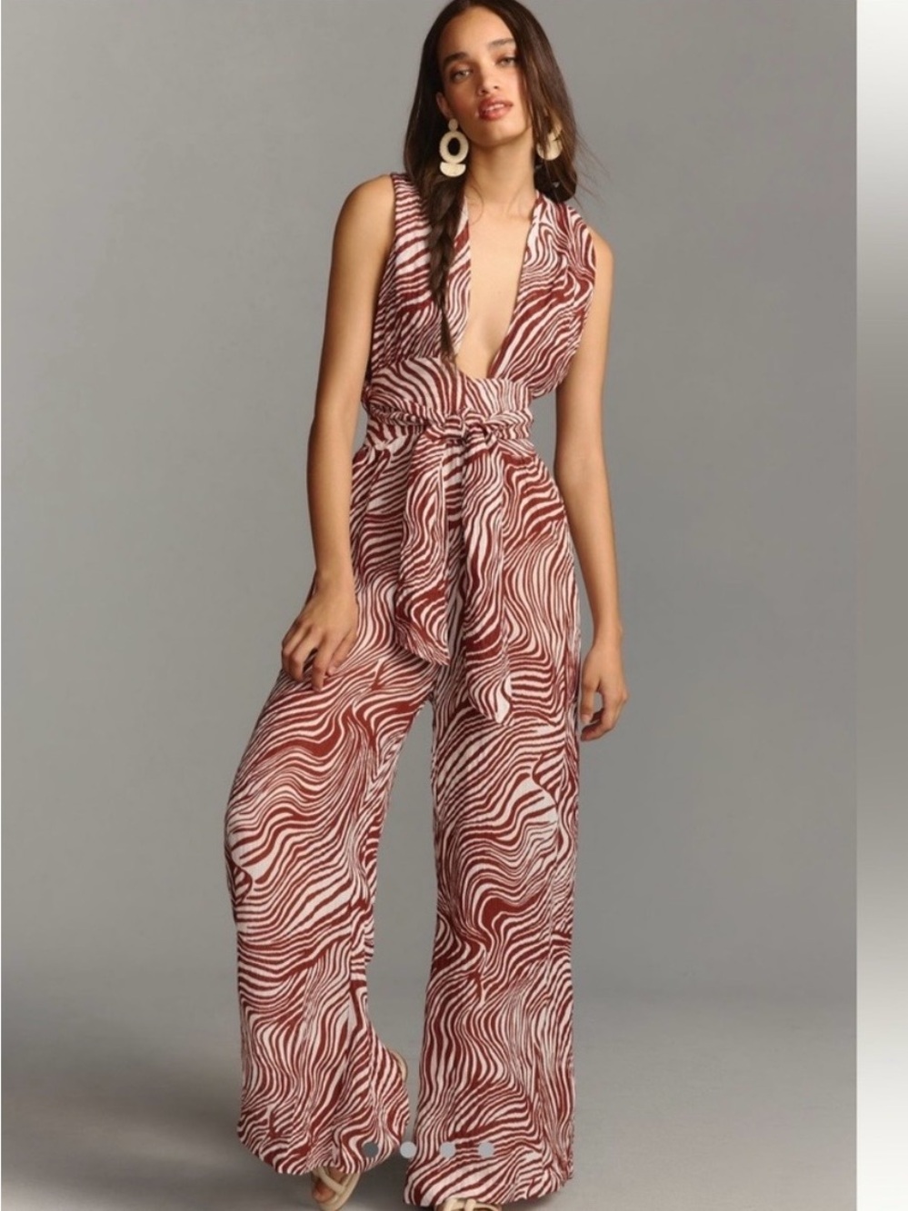 Anthropology, Sleeveless Rust Zebra-Print Jumpsuit with Tie Waist